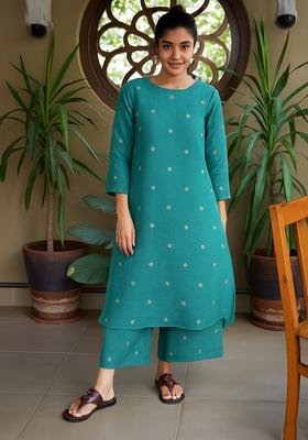 Blue Embroidered Linen Straight Kurta Set