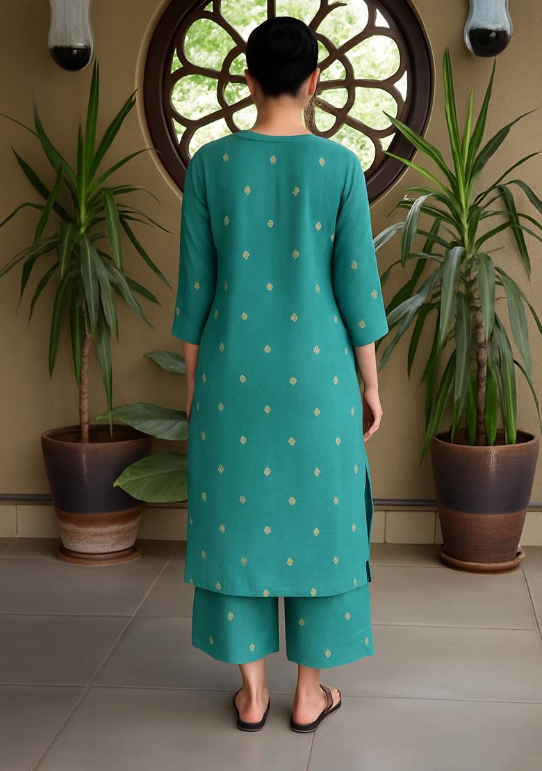 Blue Embroidered Linen Straight Kurta Set - Indya