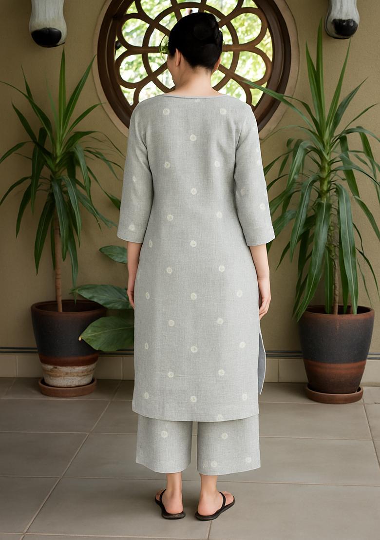 Powder Blue Printed Linen Straight Kurta Set - Indya
