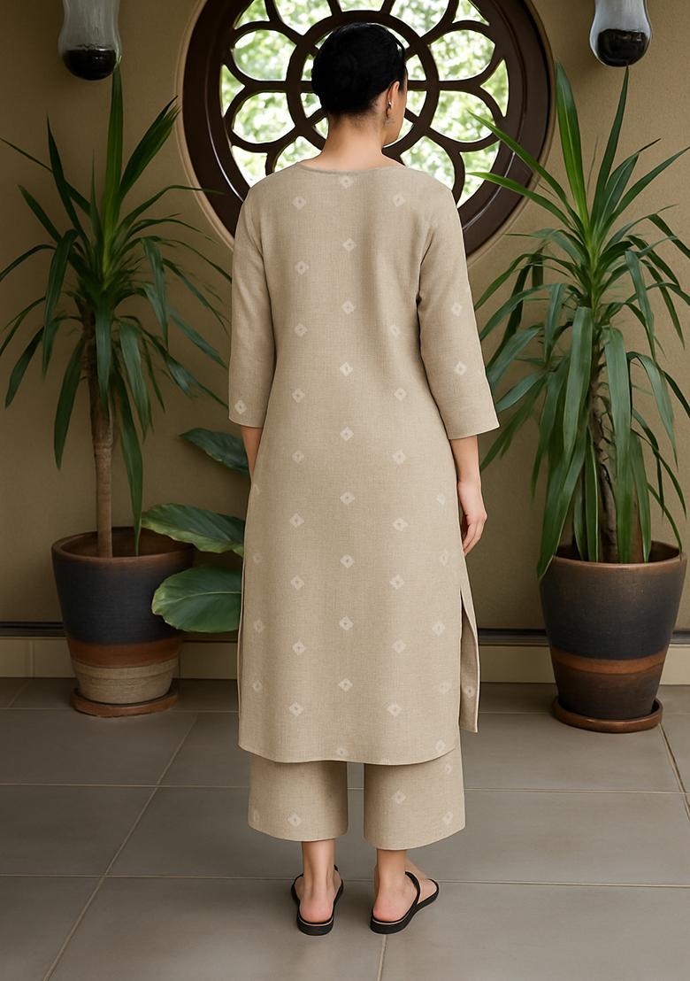 Brown Embroidered Linen Straight Kurta Set - Indya