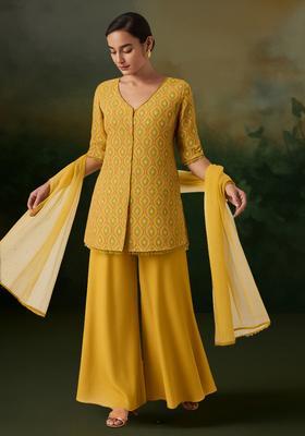 Yellow Embroidered Silk Blend Sharara Set