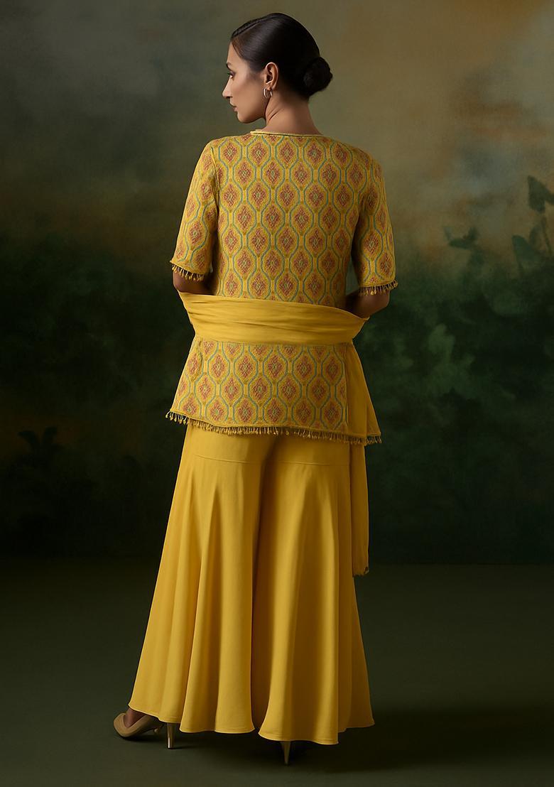 Yellow Embroidered Silk Blend Sharara Set - Indya