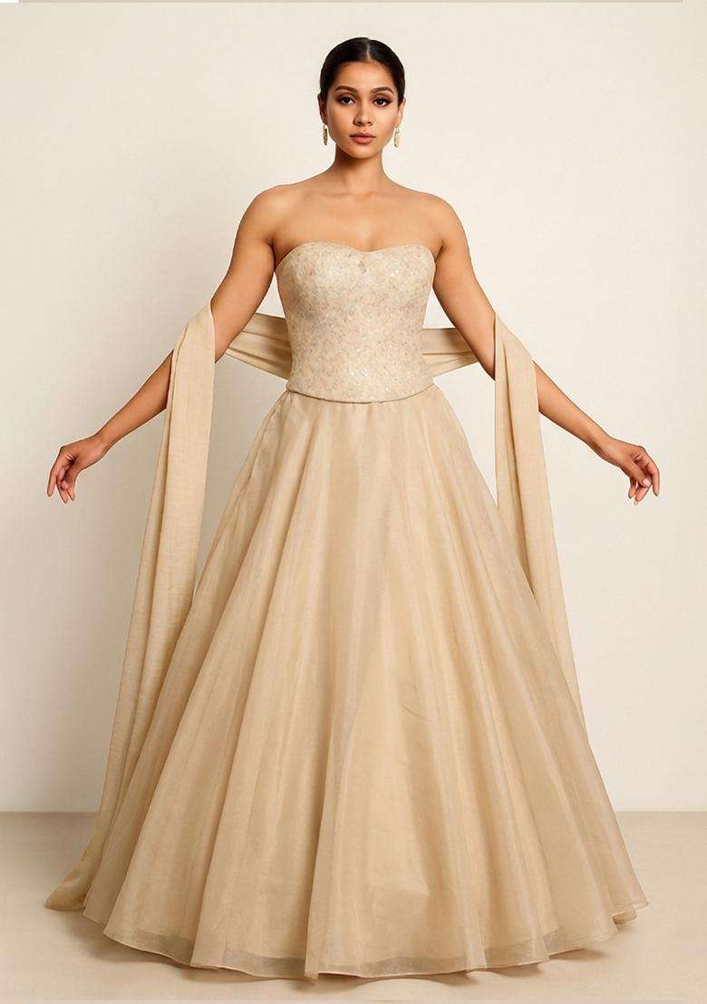 Rose Gold Embroidered Net Lehenga Set - Indya