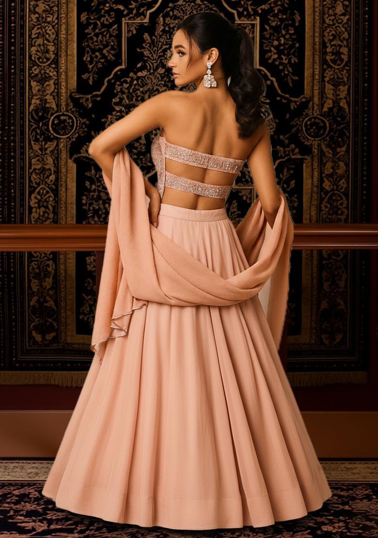 Pink Embroidered Net Lehenga Set - Indya