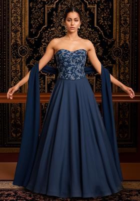 Navy Blue Embroidered Net Lehenga Set