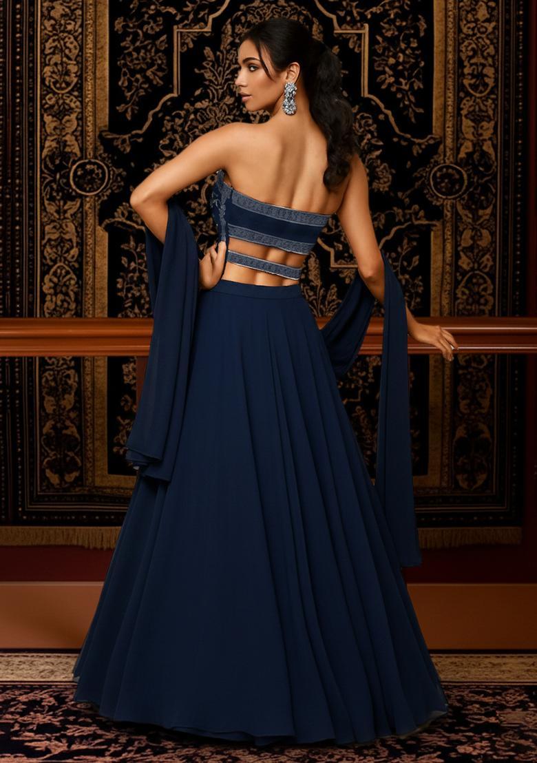 Navy Blue Embroidered Net Lehenga Set - Indya
