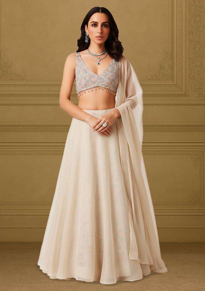 Rose Gold Embroidered Net Lehenga Set - Indya