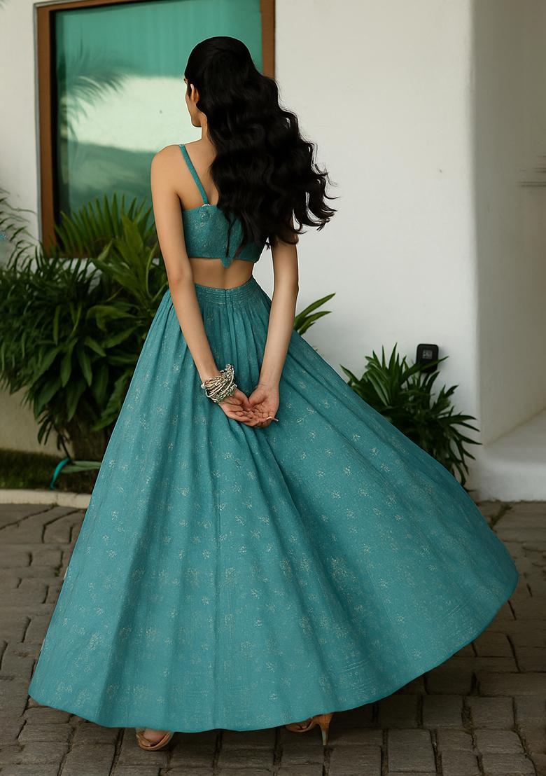Blue Embellished Linen Lehenga Set - Indya