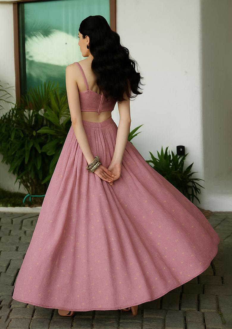 Pink Embellished Linen Lehenga Set - Indya