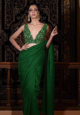 Green Embroidered Net Pre Draped Saree Set