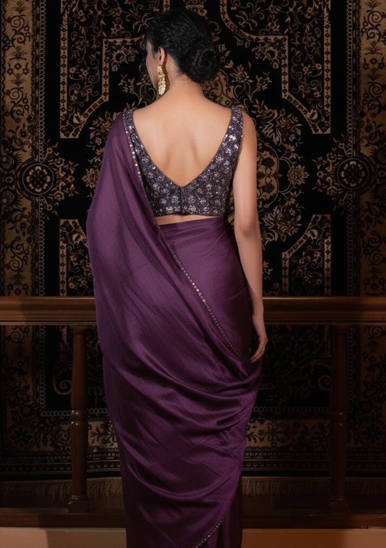 Purple Embroidered Net Pre Draped Saree Set - Indya