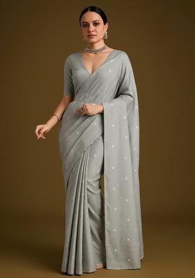 Powder Blue Embellished Linen Pre Draped Saree Set