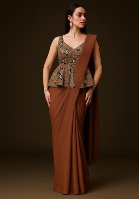 Brown Printed Poly Blend Pre Draped Saree Set