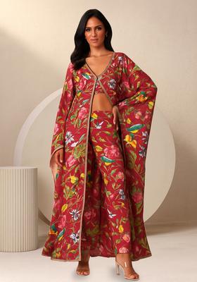Red Floral Printed Poly Blend Fusion Set
