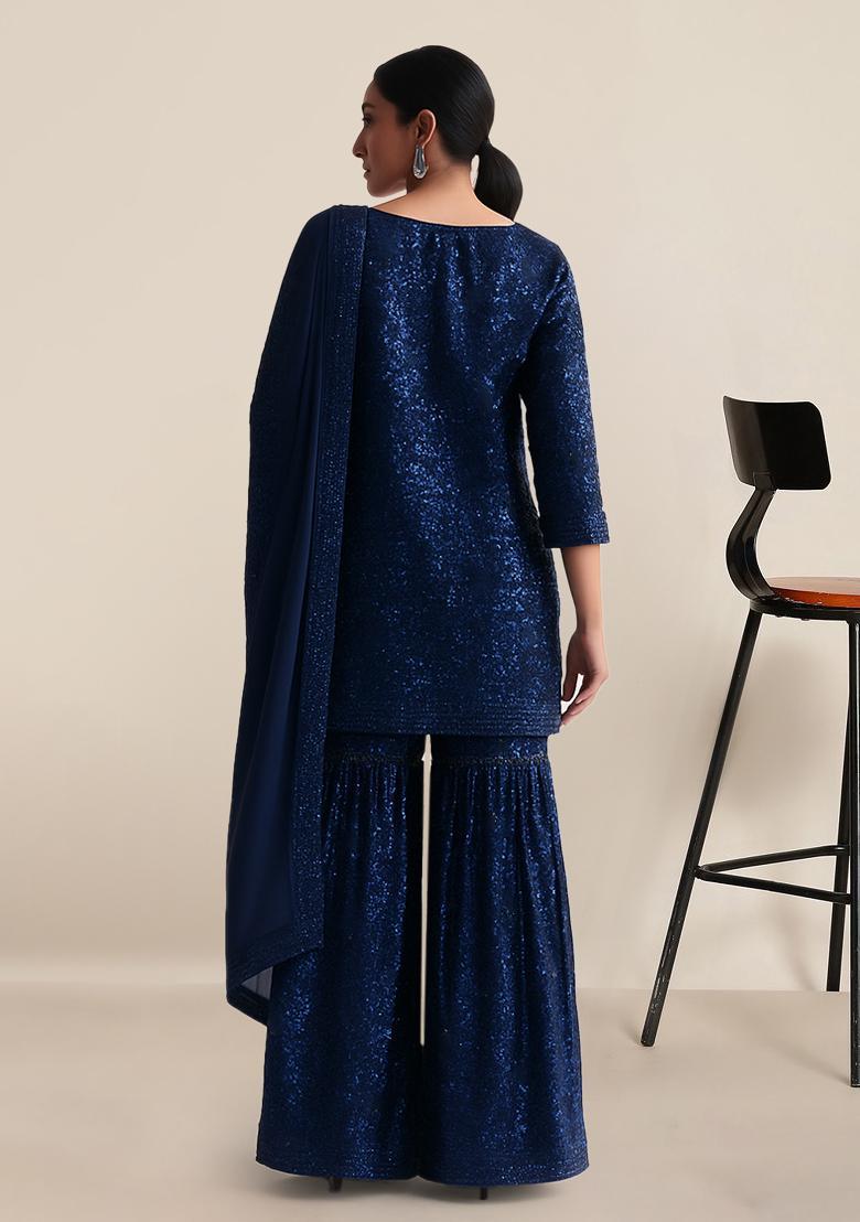 Dark Blue Embellished Net Sharara Set - Indya