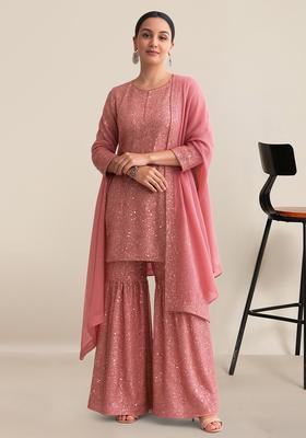 Pink Sequin Net Sharara Set