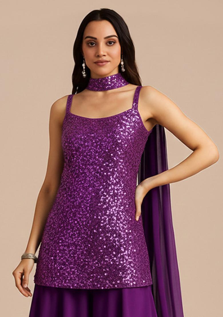 Purple Sequin Net Sharara Set - Indya