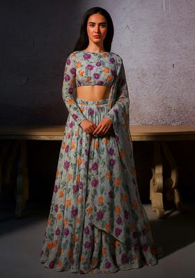 Grey Embroidered Organza Lehenga Set