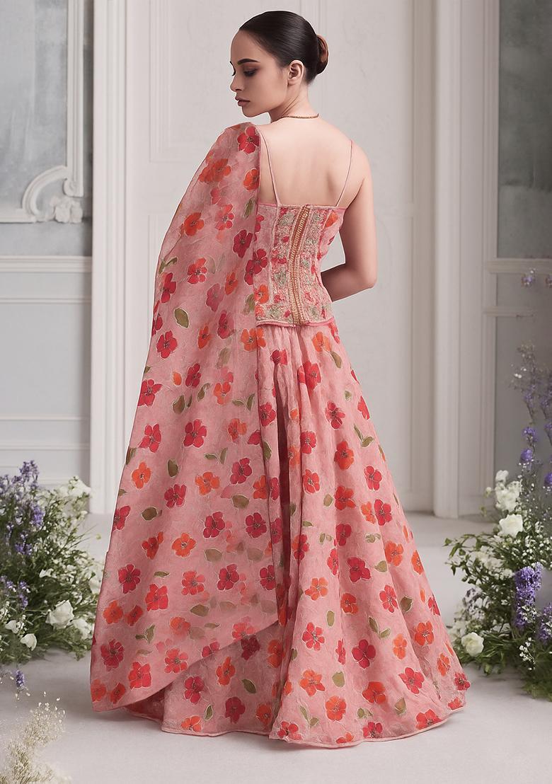 Peach Embroidered Organza Lehenga Set - Indya