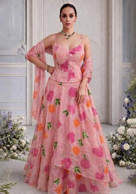 Pink Embroidered Organza Lehenga Set