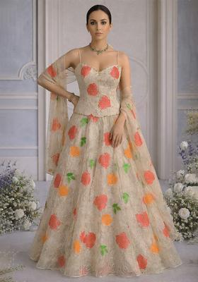 Beige Embroidered Organza Lehenga Set