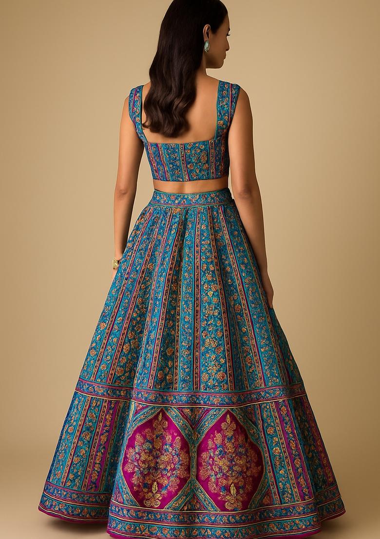 Blue Printed Brocade Lehenga Set - Indya