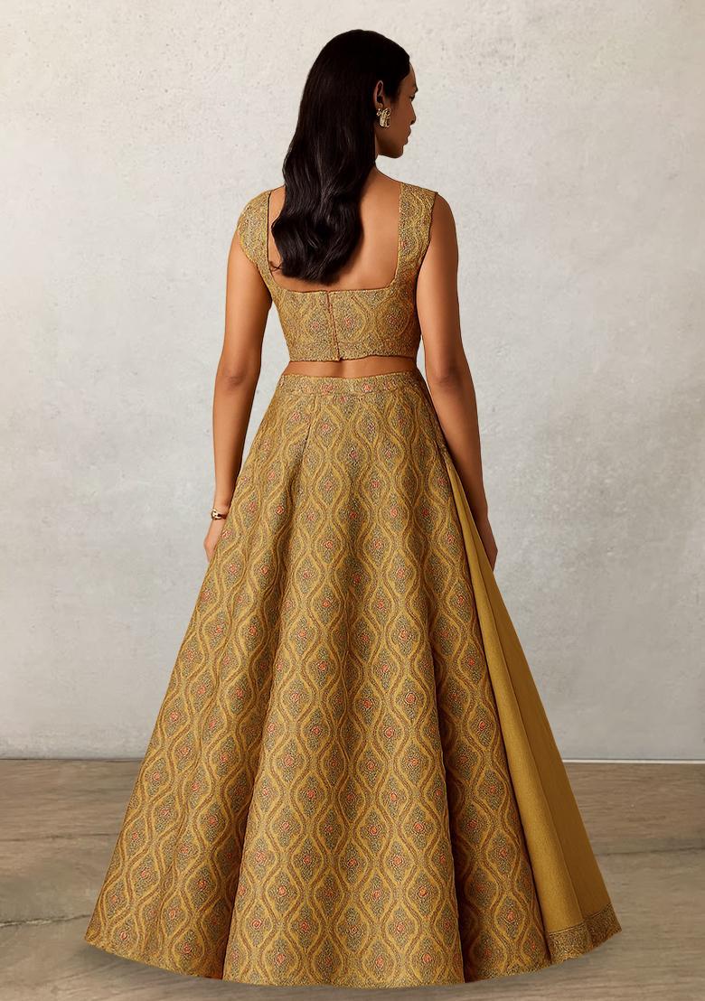 Yellow Printed Silk Blend Lehenga Set - Indya