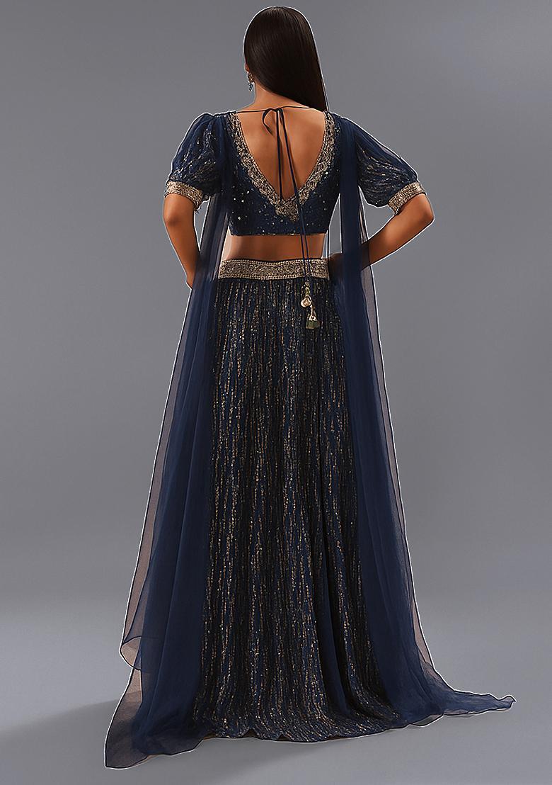 Blue Sequin Net Lehenga Set - Indya