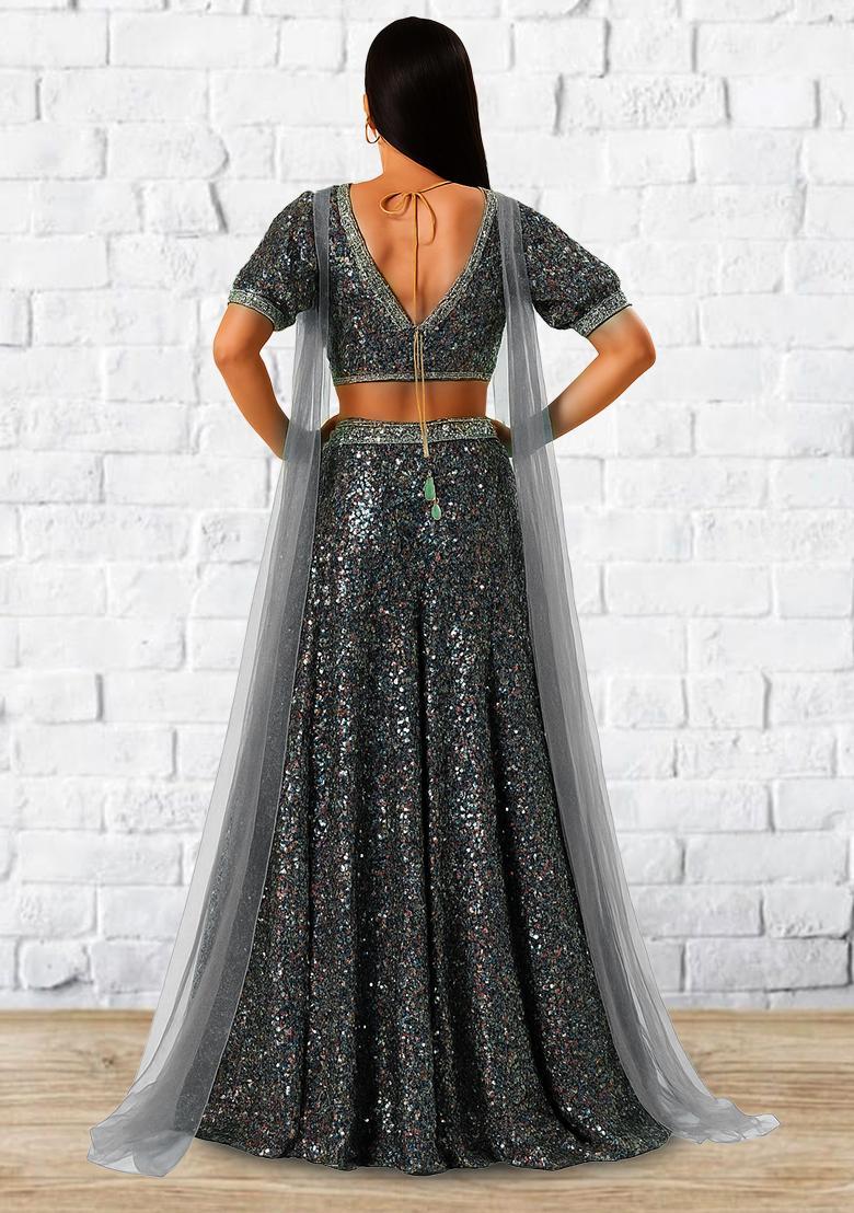 Deep Blue Sequin Net Lehenga Set - Indya