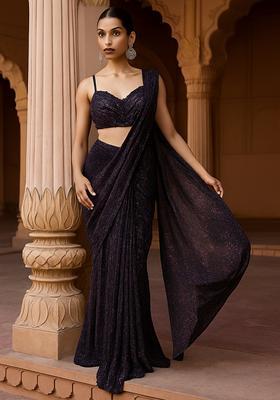 Purple Embellished Lurex Pre Draped Saree Set