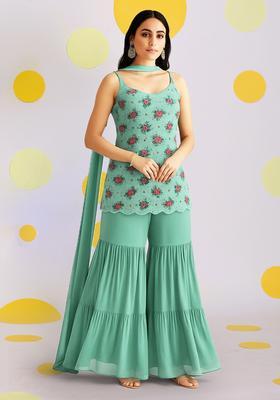 Â&nbsp;Sage Green Floral Printed Poly Blend Sharara Set