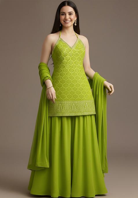 Parrot Green Embellished Net Lehenga Set
