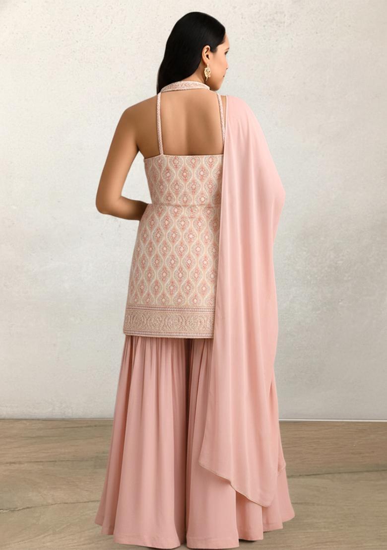 Light Pink Floral Printed Silk Blend Sharara Set - Indya