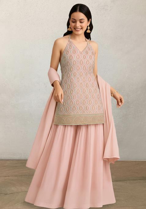 Light Pink Floral Printed Silk Blend Sharara Set