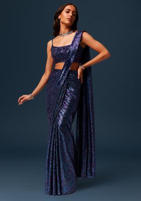 Blue Sequin Net Pre Draped Saree Set