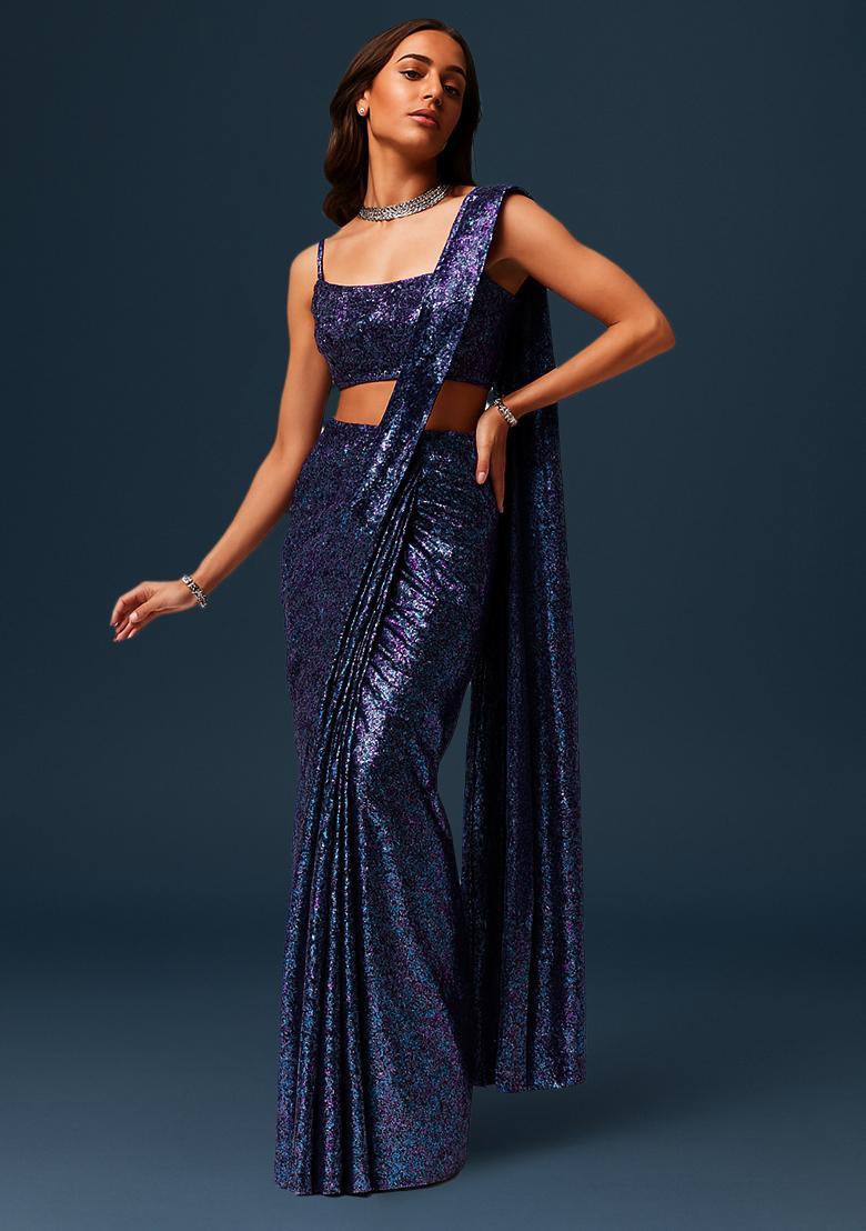 Blue Sequin Net Pre Draped Saree Set - Indya