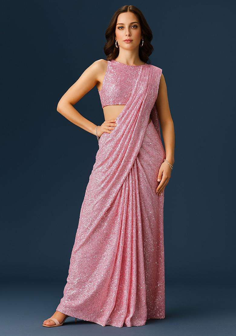 Pink Sequin Net Pre Draped Saree Set - Indya