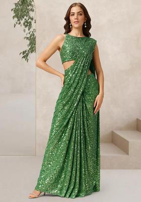 Green Sequin Net Pre Draped Saree Set