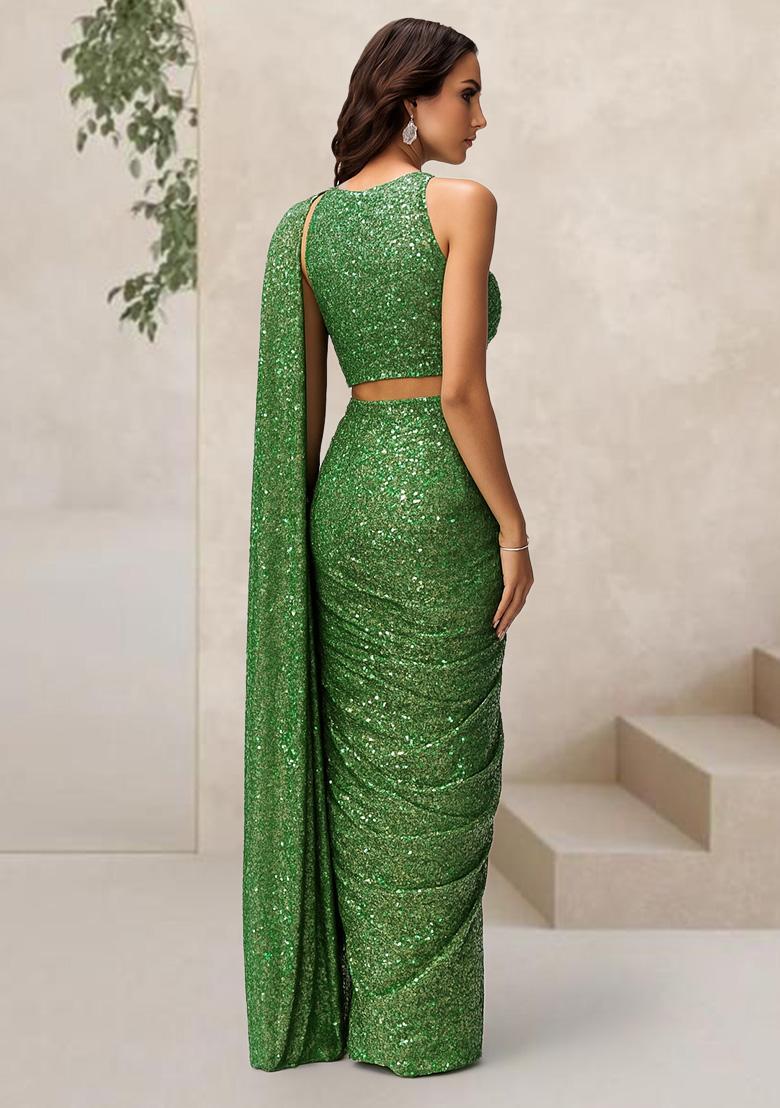 Green Sequin Net Pre Draped Saree Set - Indya