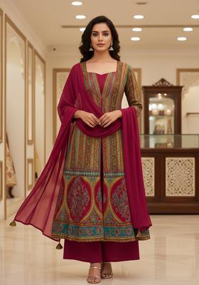 Wine Printed Brocade Anarkali Set