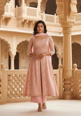 Pink Abstract Print Silk Blend Anarkali Set