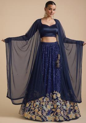 Navy Blue Embellished Silk Blend Lehenga Set