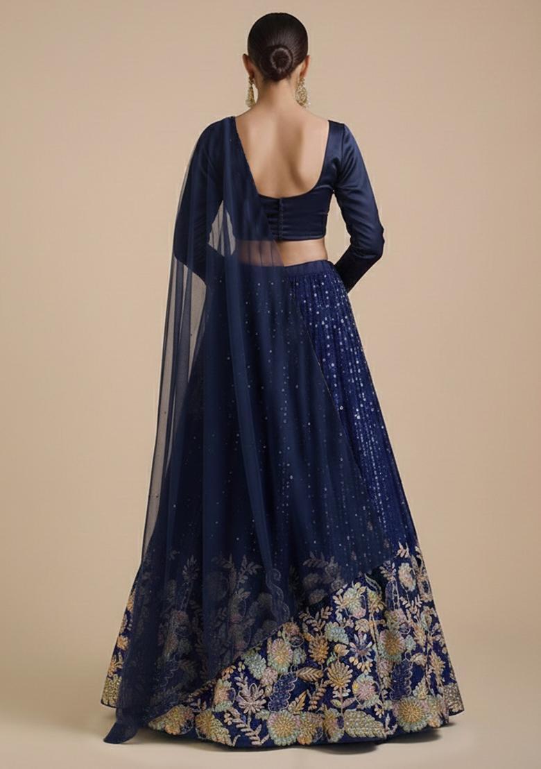 Navy Blue Embellished Silk Blend Lehenga Set - Indya
