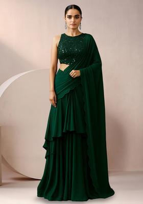 Green Sequin Net Pre Draped Saree Set