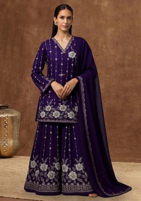 Purple Embroidered Crepe Sharara Set