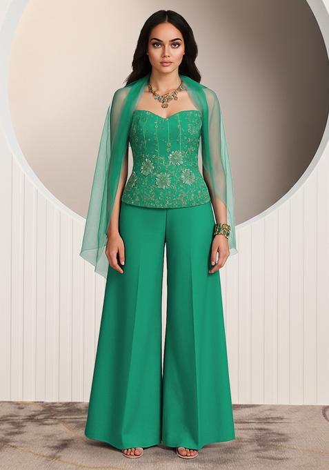 Blue Embroidered Crepe Fusion Set