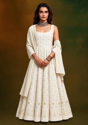 White Embroidered Crepe Anarkali Set