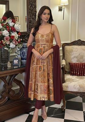Yellow Printed Silk Blend A Line Kurta Set