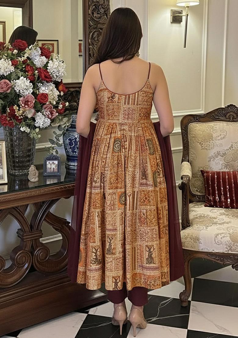 Yellow Printed Silk Blend A Line Kurta Set - Indya