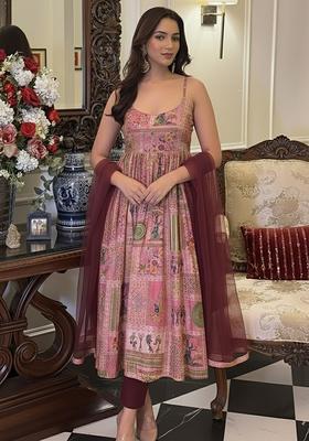 Pink Printed Silk Blend Anarkali Set
